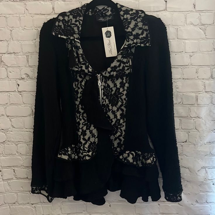 New With Tags. Excellent Condition. Zips Up! Very Unique Piece. No Size Tag But Fits A Small! Black Long-sleeve Outerwear With Lace Trim, Black Long Sleeve Outerwear With Lace Trim, Black Lace Trim Outerwear For Winter, Fitted Black Outerwear With Lace Trim, Black Lace Trim Tops For Winter, Black Lace Trim Top For Winter, Castle Basement, Sweater Tunic, Zip Up Sweater