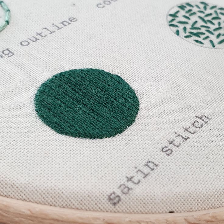 a close up of a green circle on a piece of fabric with words written in it