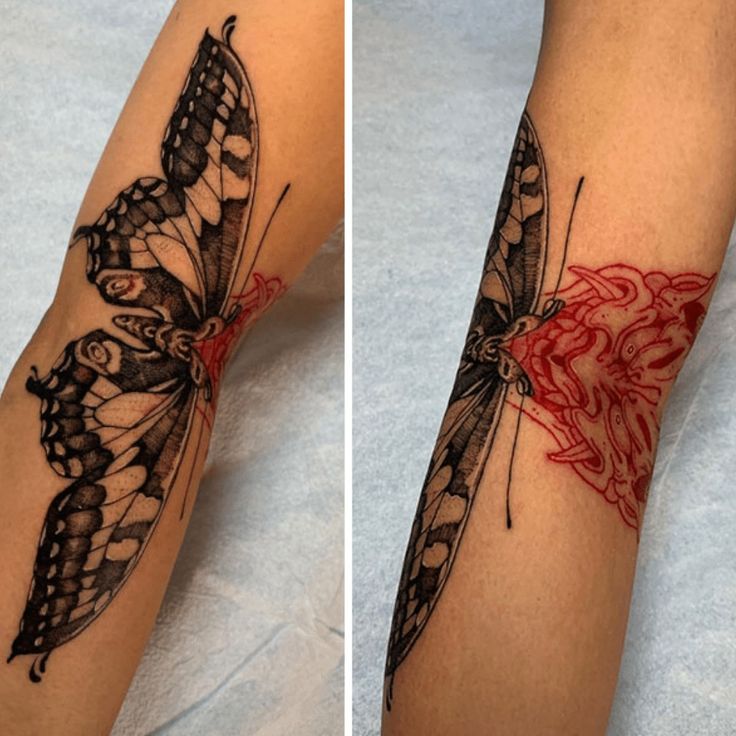 two pictures of the same tattoo on someone's arm, one with a butterfly on it