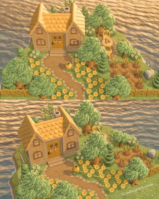 two views of a small house on an island