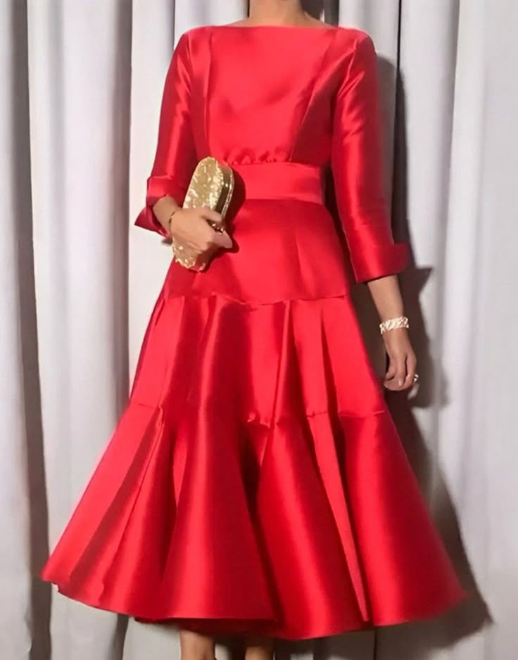 Tea Length Prom Dress, Robes Glamour, Short Frock, Three Quarter Sleeve Dresses, Fitted Midi Dress, Frock Design, Red Satin, Tea Length, Types Of Dresses