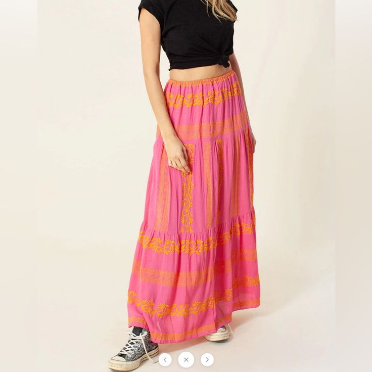 Hale Bob Sasha Maxi Skirt Nwt Made In India Pink/Yellow/Gold Size Small Embroidered Rayon Crinkle Gauze Top Skirt Is Lined Tiered Skirt With Shirring Summer Pink Skirt With Elastic Waistband, Pink Maxi Skirt For Day Out, Pink Skirt With Elastic Waistband For Day Out, Pink Relaxed Maxi Skirt For Day Out, Flowy Pink Skirt Bottoms For Summer, Pink Tiered Skirt For Summer, Pink Tiered Skirt For Vacation, Pink Skirt With Elastic Waistband For Vacation, Pink Tiered Beach Skirt