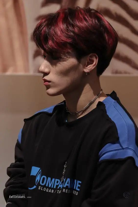 Embrace the Bold: Red Hair Color Trends for Men in Fall 2023 Fire Red Highlights On Dark Hair, Men With Red Hair Dye, Black Hair With Red Streaks Short, Red Highlights Men Hair, Maroon Hair Short, Red Highlights On Dark Hair Men, Cherry Red Hair Men, Dark Red Hair Color Short, Kpop Hair Dye