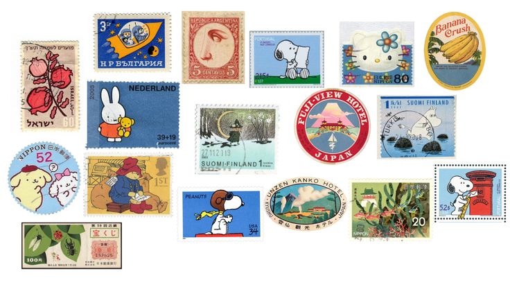 many different stamps are arranged on a white surface, including one with an image of cartoon characters