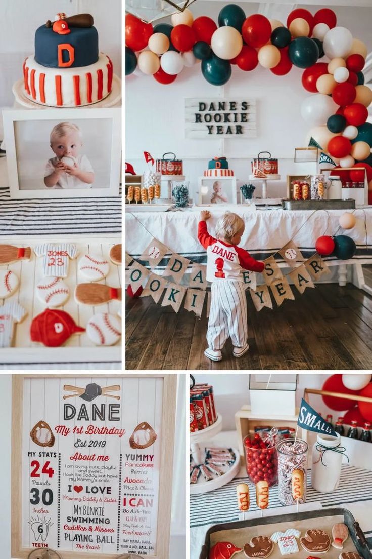 a baseball themed birthday party with red, white and blue decorations