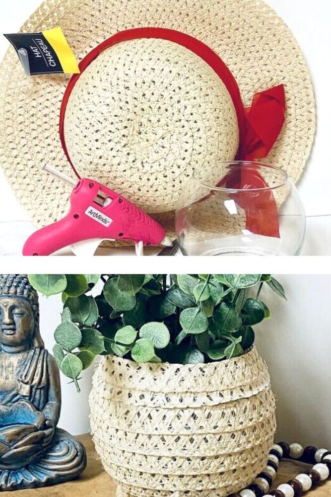 there are two pictures one has a straw hat and the other has a vase with flowers in it