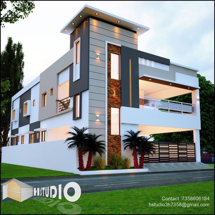 a modern house with palm trees in the front yard