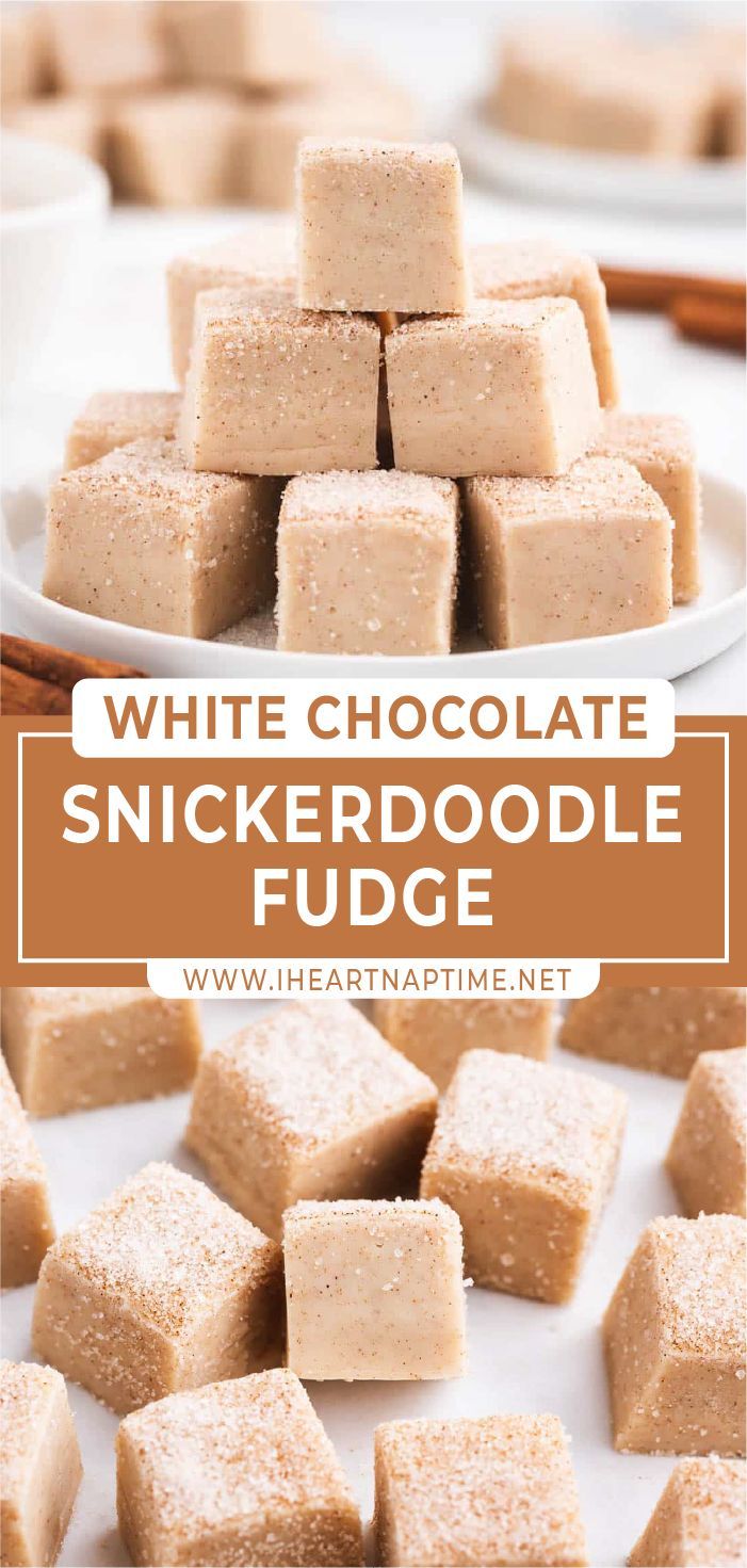 white chocolate snickkerdoodle fudge on a plate with cinnamon sticks in the background