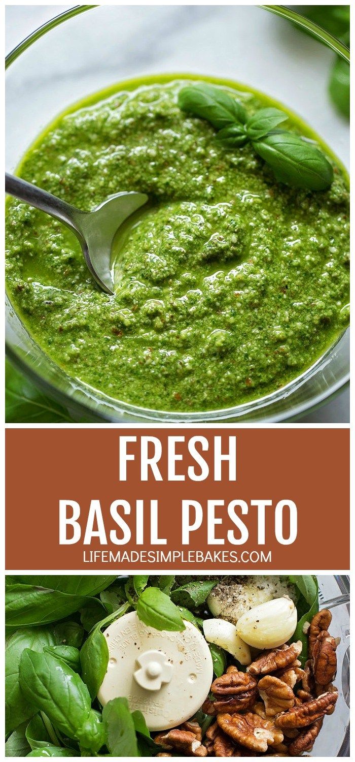 fresh basil pesto in a bowl with spinach leaves and pecans