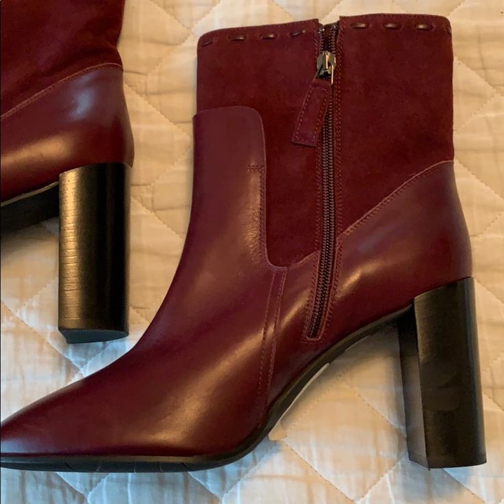 Wine Color Gently Used Boots 4 Inch Heal Zippers On Inside A Few Scuffs Look At Pix Chic Burgundy Block Heel Boots, Chic Burgundy Boots With Reinforced Heel, Burgundy Leather Square Toe Boots, Burgundy Almond Toe Boots For Fall, Elegant Burgundy Ankle-high Boots, Elegant Burgundy Ankle Boots, Elegant Burgundy Boots For Fall, Fall Burgundy Boots With Leather Lining, Burgundy Leather Heeled Boots For Fall