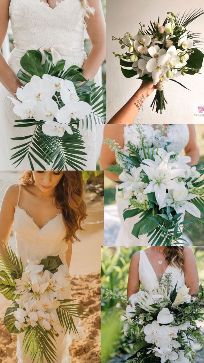 wedding bouquets with white flowers and greenery are arranged in four different pictures, including the bride's dress