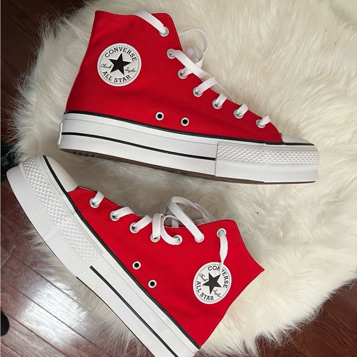 These Shoes Run Large So We Ordered A Smaller Size. They Have Never Been Worn. Converse Does Not Take Exchanges. Shoes For Women Converse, Bright Red Converse, Red Platform Converse, Red Shoes Aesthetic, Red Converse Aesthetic, Red Hightop Converse, Cute Red Shoes, Converse Rouge, Red Shoes Sneakers