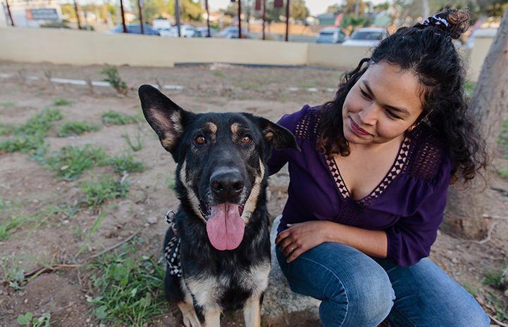 a woman sitting next to a black and brown dog