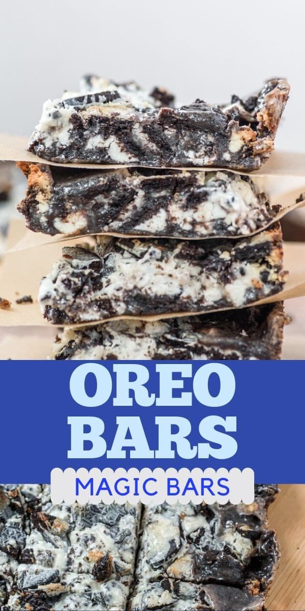 oreo bars stacked on top of each other with the title overlaying it