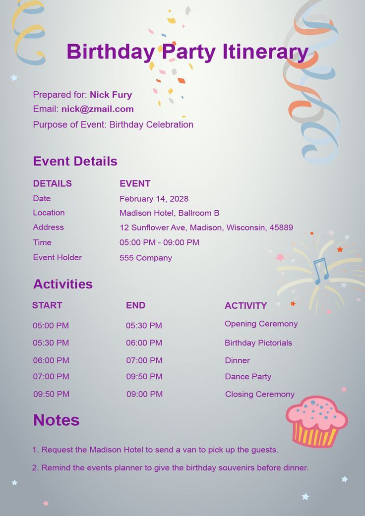 a birthday party flyer with balloons, streamers and confetti on the side