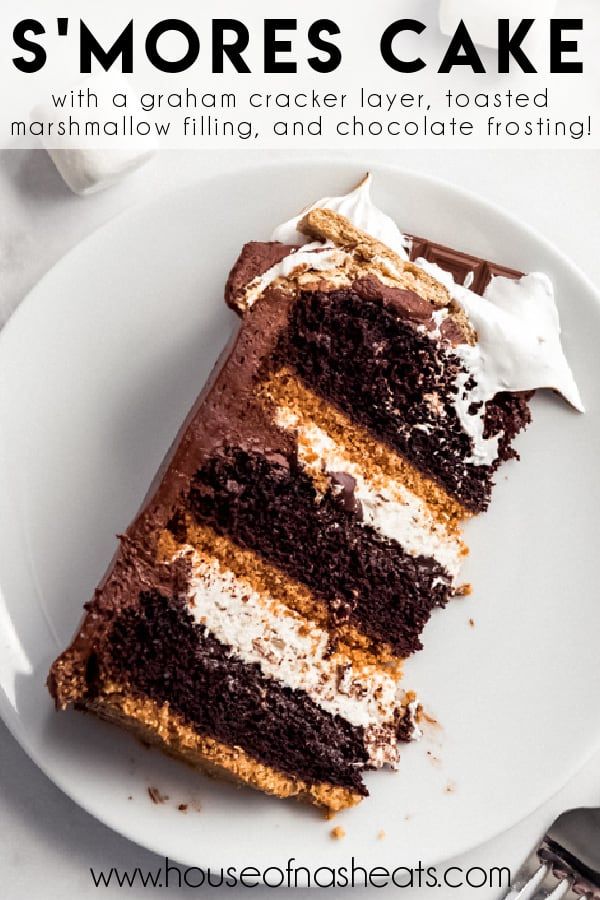 a slice of cake on a white plate with the words s'mores cake