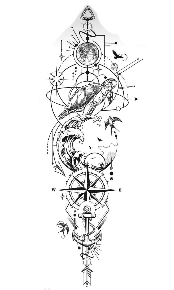 a black and white drawing of a bird on a compass with birds flying around it