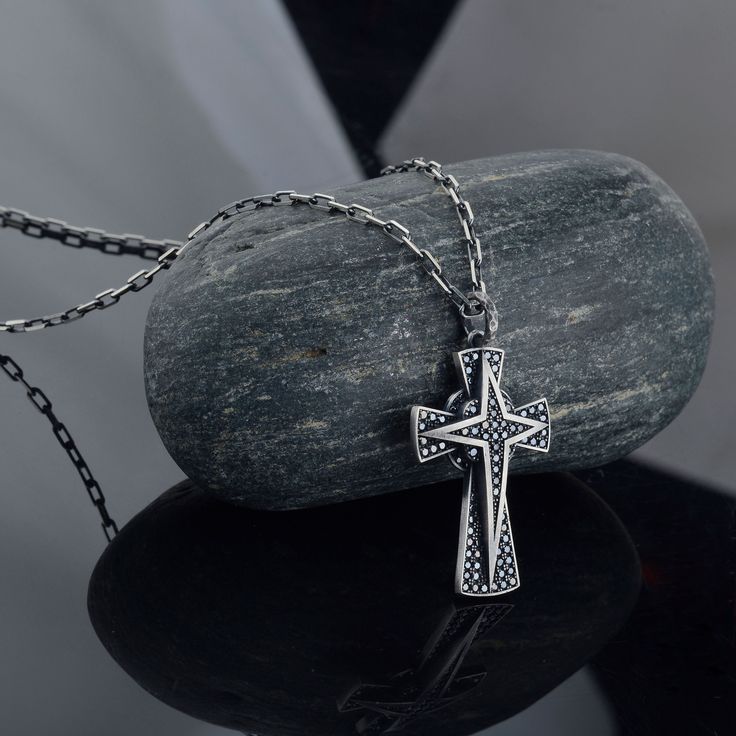 Boyfriend Memorial Gift, Anniversary Gift, Best Friend Gift -fathers day gifts ,valentines day gift for boyfriend Gifts For Him Christmas Jesus Crucifix Necklace, Christ Jesus Cross Pendant, Religious Mens Pendant, Silver Christian Jewelry, Oxidized Men Medal, Religious Pendant Black Zircon Cross Pendant  Pendant width: 1 Inches Pendant height: 1.4 Inches Pendant Weight: 5 g MATERIALS: -925 Solid Silver and Silver Plated White bronze - Chain : Solid 925 sterling silver PRODUCTION METHOD: - Handmade with Care INTERNATIONAL SHIPPING: - We use International Priority Shipping Service - 5-10 Business Days - FREE Shipping PACKAGING: - All handmade sterling silver rings are nicely packaged ready to gift in elegant jewelry boxes. - Gift for her, gift for mother's day Silver Cross Necklace For Father's Day Gift, Black Cross Necklace As Gift, Black Cross Pendant Necklace Gift, Black Necklace For Father's Day Anniversary, Spiritual Stainless Steel Necklaces For Father's Day, Father's Day Black Sterling Silver Necklace, Spiritual Stainless Steel Necklace For Father's Day, Black Stainless Steel Jewelry For Memorial, Father's Day Black Engraved Jewelry