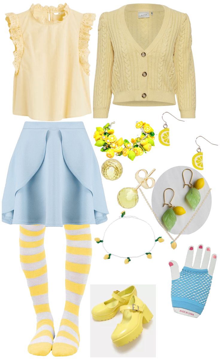 a woman in yellow and blue outfit with accessories including shoes, socks, bracelets