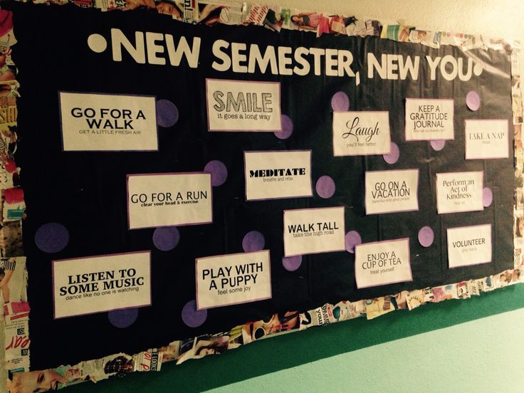 a bulletin board that has been decorated with pictures and words for new semeser, new you