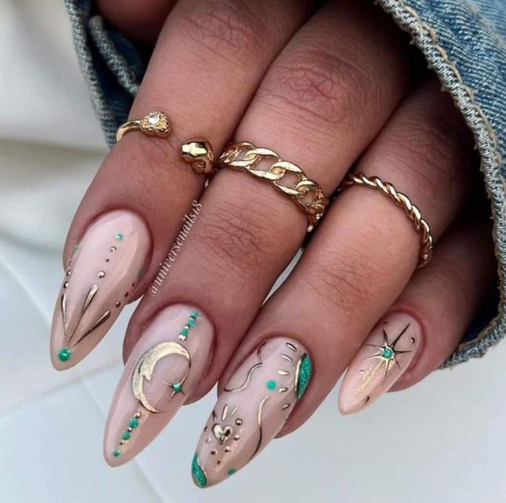 Romani Nails, Raised Nail Designs, Witchy Summer Nails, Summer Witchy Nails, Throne Of Glass Nails, Viking Nail Art, Boho Nails Designs Bohemian, Greek Inspired Nails, Nails Spiritual