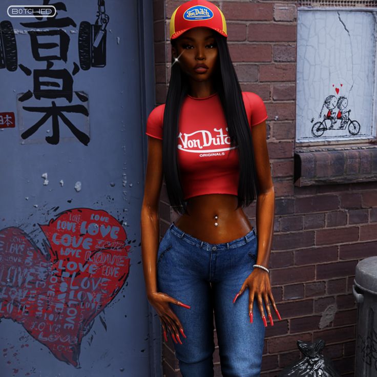 a woman standing in front of a building with graffiti on the walls and wearing a coca cola t - shirt