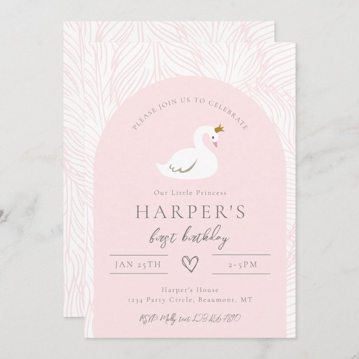 a pink and white swan birthday party card