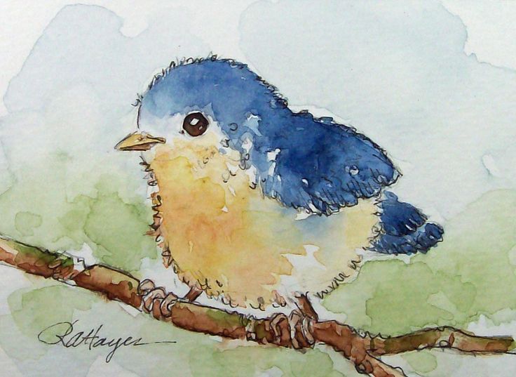 a watercolor painting of a blue bird sitting on a branch