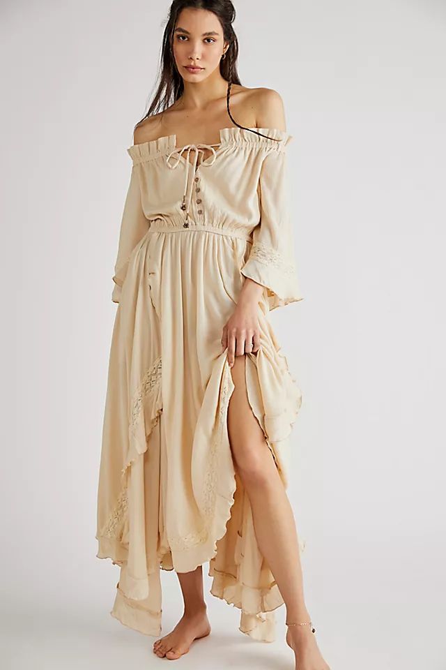 Beach Bliss Maxi Dress | Free People Boho Formal Dress, Flowy Beach Dress, Boho Style Inspiration, Gold Maxi Dress, Free People Maxi, Free People Beach, Maxi Slip Dress, Fantasy Dress, Layered Skirt