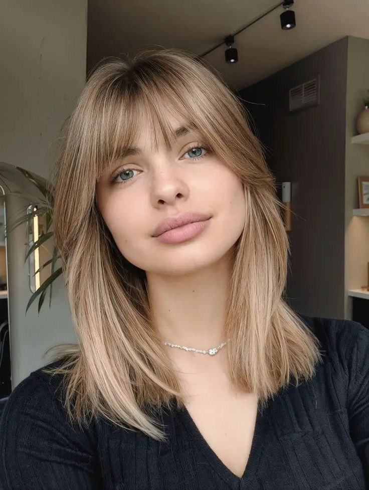 32 Medium-Length Haircuts with Bangs for Every Face Shape Fine Hair Haircuts Bangs, Soft Fringe Bangs Medium Hair, Square Face Hairstyles Straight Hair, Bangs With Flat Hair, Bangs For Round Face Shape, Medium Length Hair With Bangs Oval Face, Square Face With Bangs, Bangs Straight Fine Hair, Hair With Bangs Round Face