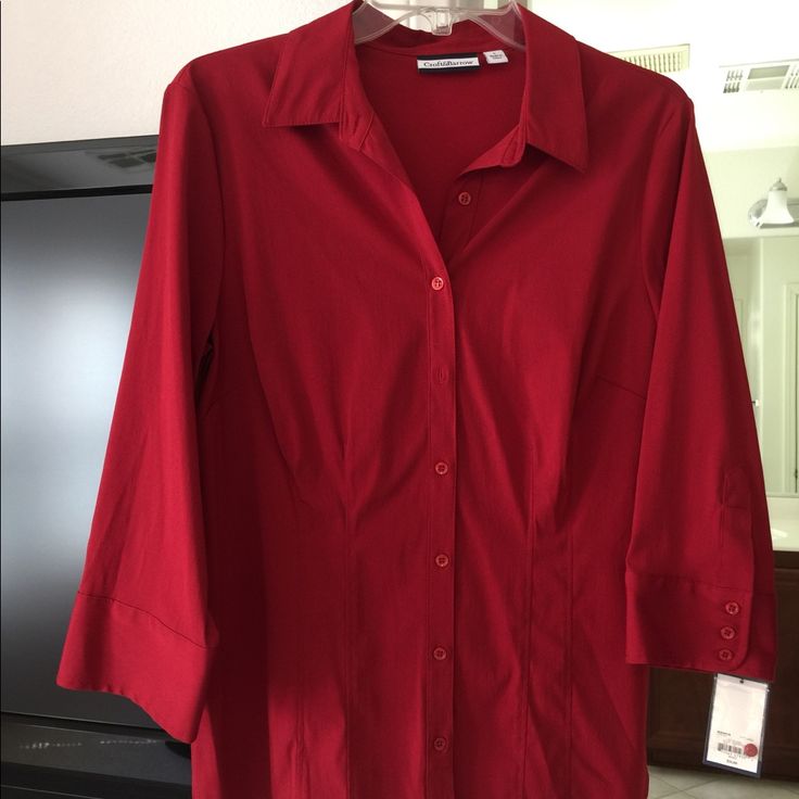 Red Button Shirt, Never Worn. Has Tag. Red Shirt For Workwear In Fall, Classic Red Shirt For Spring, Red Shirt For Office In Fall, Red Shirt For Office Wear In Fall, Red Collared Top For Formal Occasions, Red Short Sleeve Tops For Office, Red Collared Blouse For Formal Occasions, Red Buttoned Shirt For Work, Red Buttoned Blouse For Work