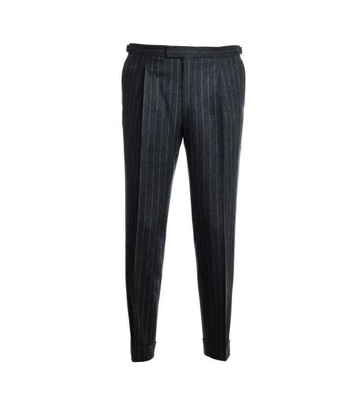 Dark Grey Off White Stripes Suit Pants Elegant Fitted Pinstripe Pants, Fitted Pinstripe Pants With Tapered Leg, Fitted Pinstripe Tapered Leg Pants, Fitted Pinstripe Ankle-length Pants, Elegant Pinstripe Pants For Fall, Fitted Pinstripe Ankle-length Bottoms, Pinstripe Fitted Ankle-length Bottoms, Luxury Business Pants, Classic Fitted Pinstripe Bottoms