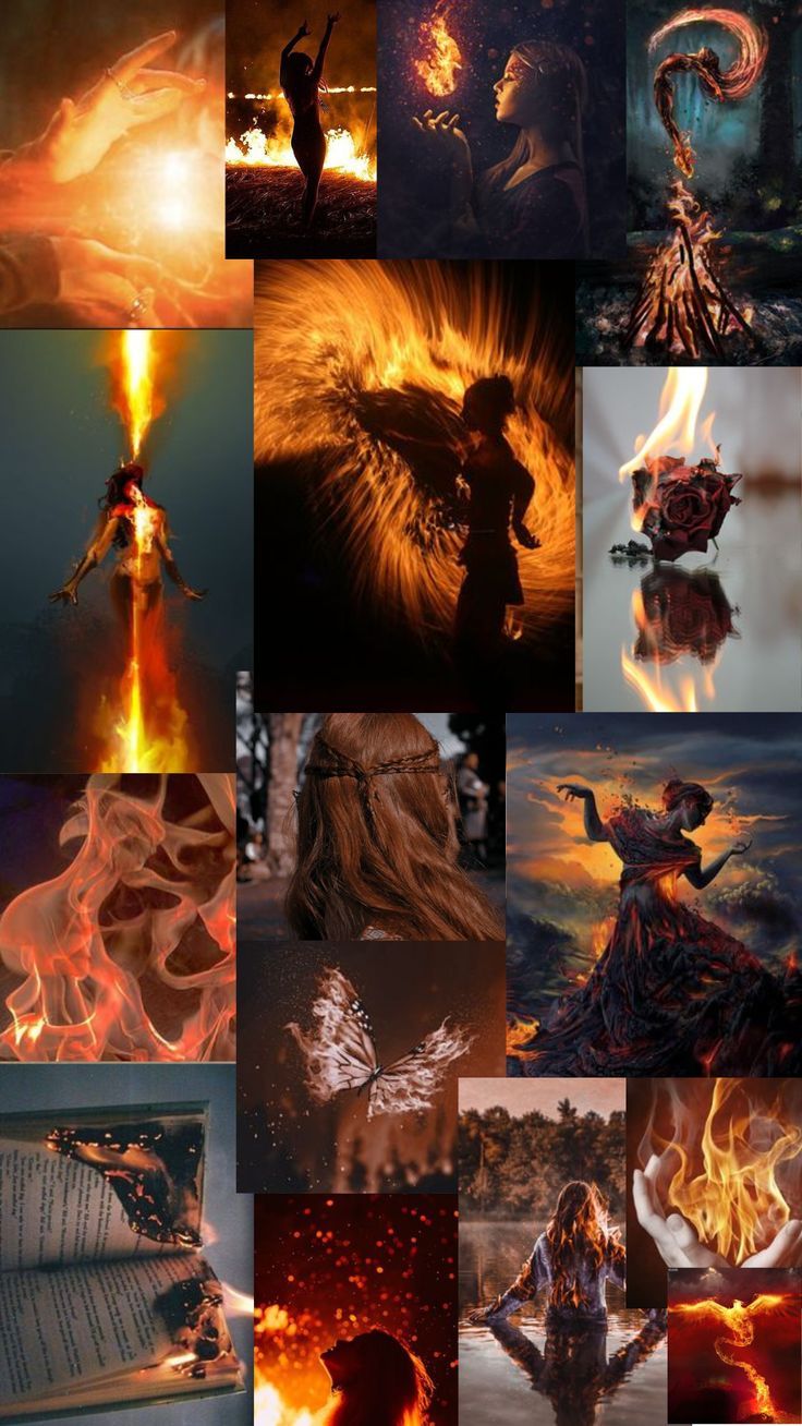 many different pictures are shown with fire and water in the foreground, including an image of