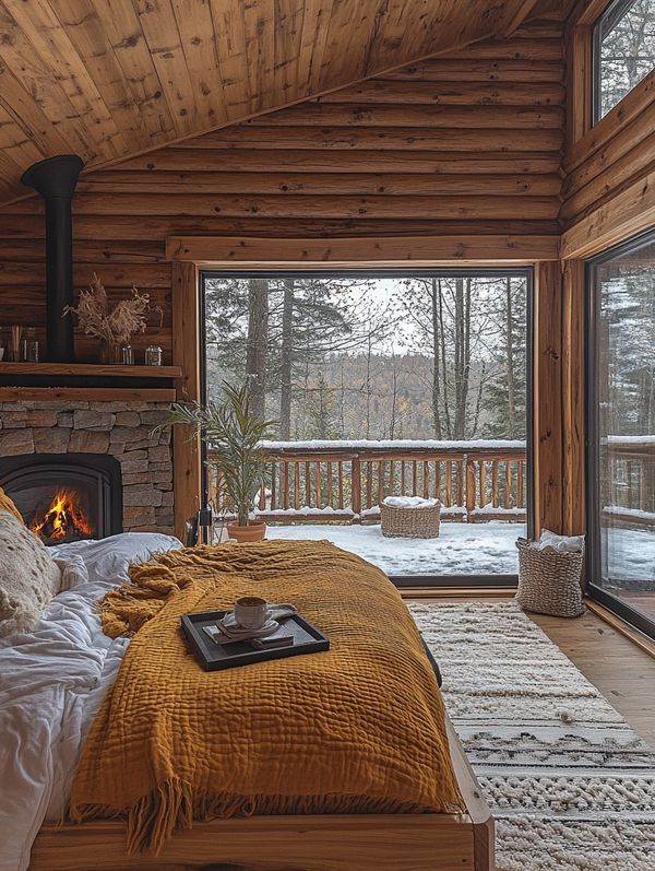 a bedroom with a fireplace and wooden walls