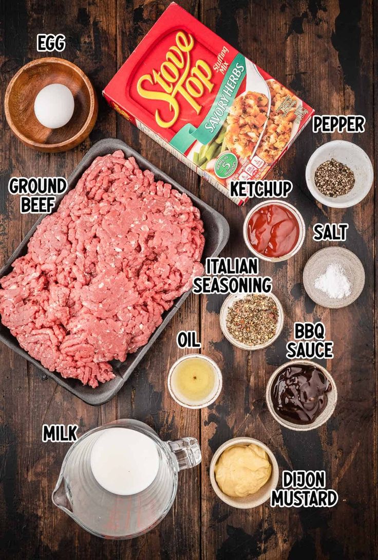 ingredients to make hamburger patties laid out on a wooden table with text overlay