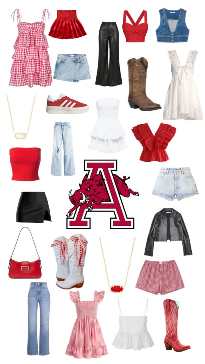 Red shirt, denim, denim skirt, jeans, white dress, red dress, game day insp Fall Game Day Outfit College, Gameday Outfit Alabama, Bama Gameday Outfit, Arkansas Game Day, Alabama Gameday Outfit, Bama Gameday, College Gameday Outfits, Rush Outfits, Football Game Outfit