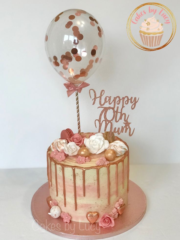 a birthday cake decorated with pink and gold confetti