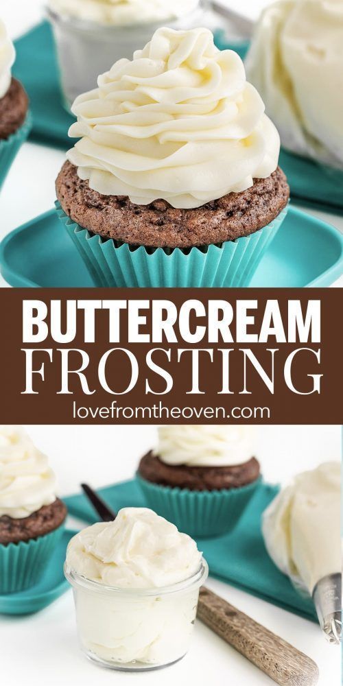 chocolate cupcakes with cream frosting on top and the words buttercream frosting above them