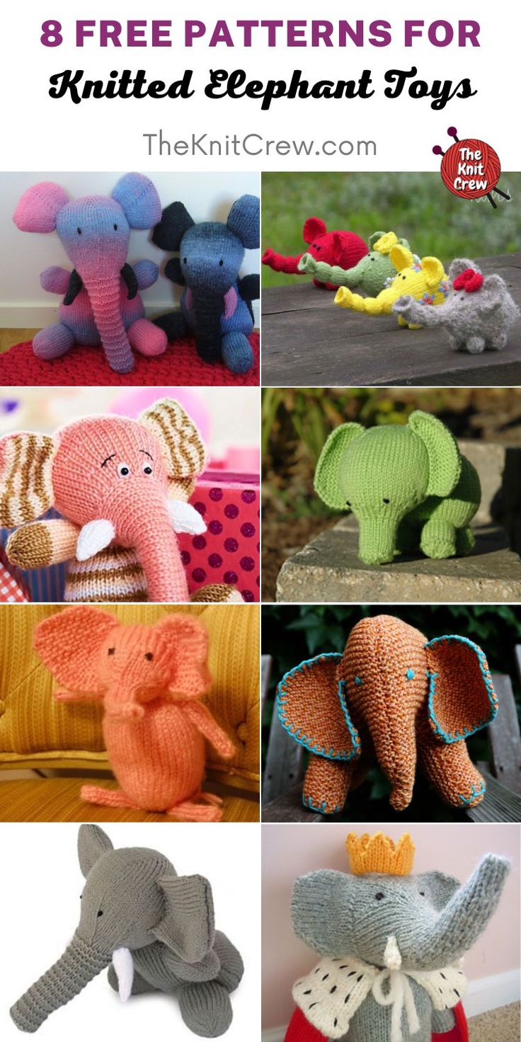 crochet patterns for knitted elephant toys with text overlay that reads 8 free patterns for knitted elephant toys