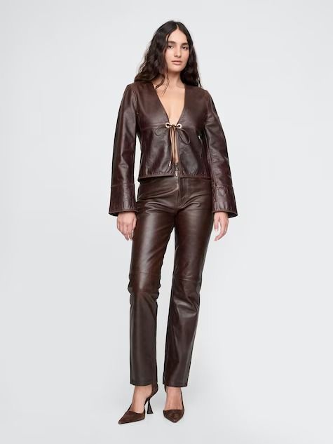 New Gap × Cult Gaia Collection | Gap Pants For Petite Women, Pants For Petite, Modern Goddess, Curvy Petite Outfit, Brown Leather Pants, Leather Suit, Curvy Petite Fashion, Brand Collaboration, Dressed To The Nines