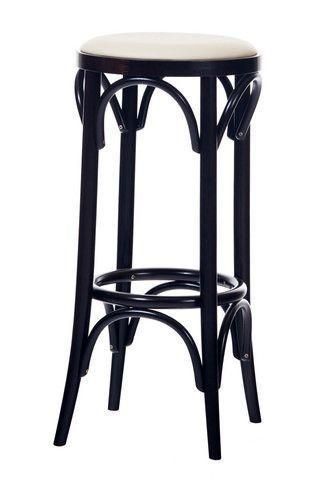 the backless bar stool is black and has a white seat