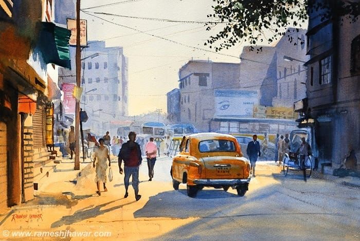 a painting of people walking down the street in front of an old car and truck