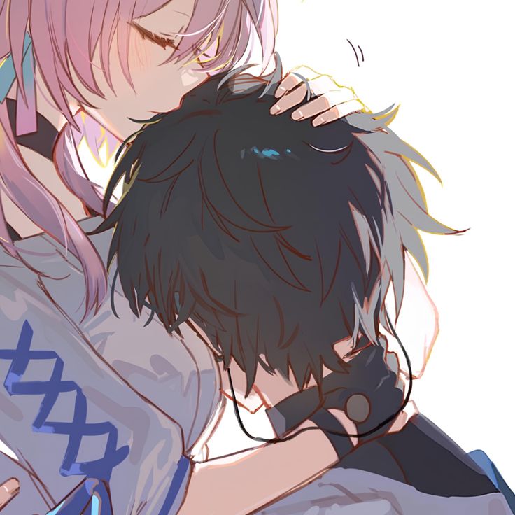 two anime characters hugging each other in front of a white background with blue eyes and pink hair