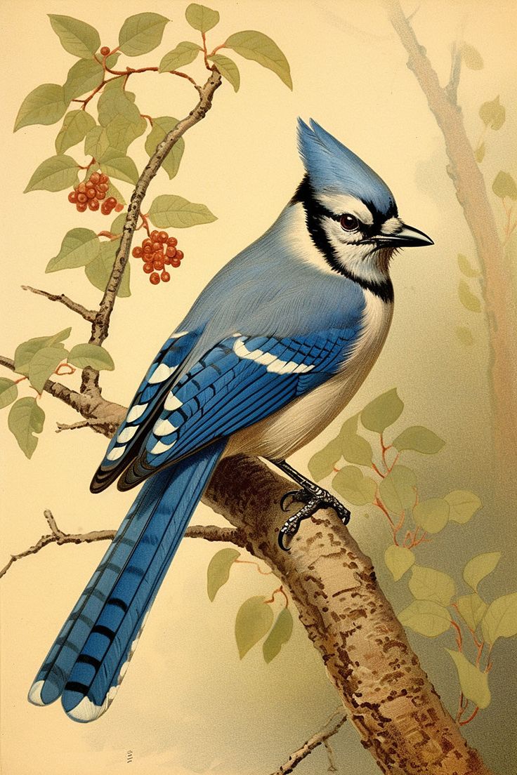 a blue bird sitting on top of a tree branch next to leaves and berries in a painting