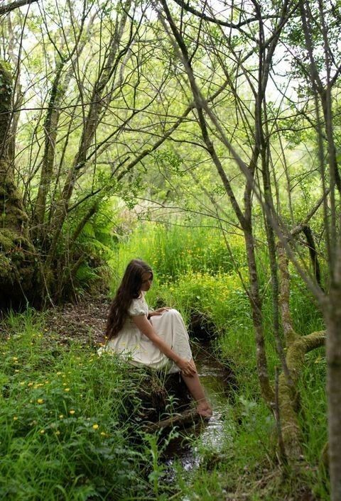 a woman sitting in the middle of a forest next to a stream with trees around her