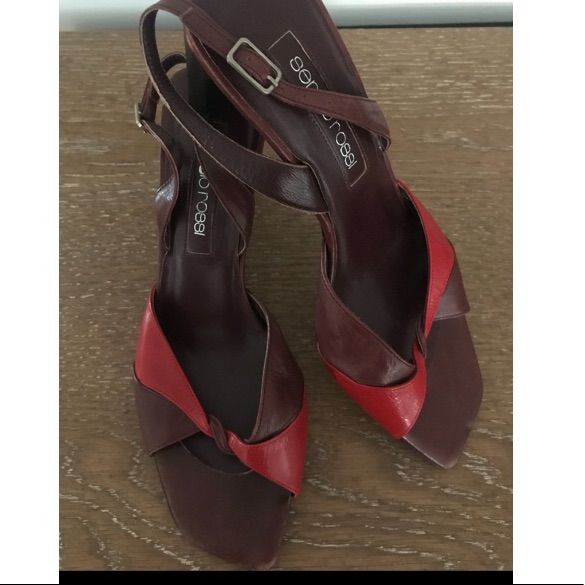 Red And Maroon Sergio Rossi Sling Back Pumps. Worn Once. Red Pointed Toe Sandals With Leather Sole, Burgundy Open Toe Formal Sandals, Burgundy Open Toe Sandals For Formal Occasions, Formal Burgundy Ankle Strap Sandals, Formal Burgundy Open Toe Sandals, Red Leather Pointed Toe Sandals, Red Pointed Toe Leather Sandals, Red Leather Evening Sandals, Chic Burgundy Formal Sandals