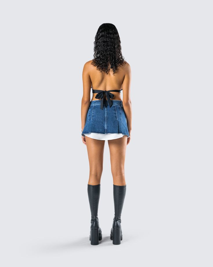 Be on your baddest behavior in this two-piece set 😏 Perfect for dressing up or down for any occasion, this chic and slightly edgy fit features a black halter drape top and a pleated denim mini skirt 🖤 Denim Mini Skirt For Night Out, Chic Fitted Mini Denim Skirt, Edgy Fitted Short Denim Skirt, Edgy Denim Skirt For Night Out, Chic Fitted Denim Skort, Chic Denim Skirt For Party, Chic Fitted Denim Skirt For Summer, Fitted Denim Skirt For Spring Party, Fitted Denim Skirt For Night Out In Spring