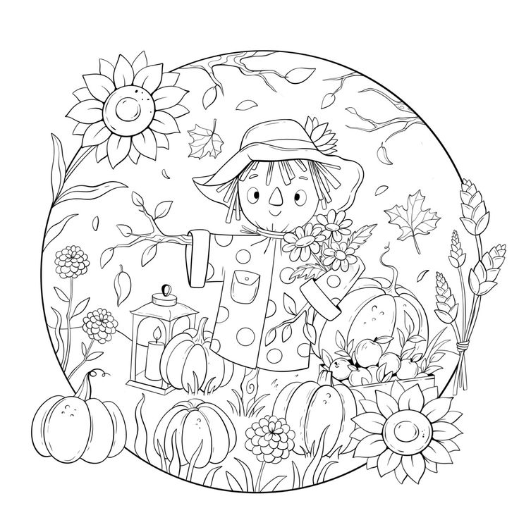 a black and white drawing of a girl in the garden with flowers, pumpkins and sunflowers