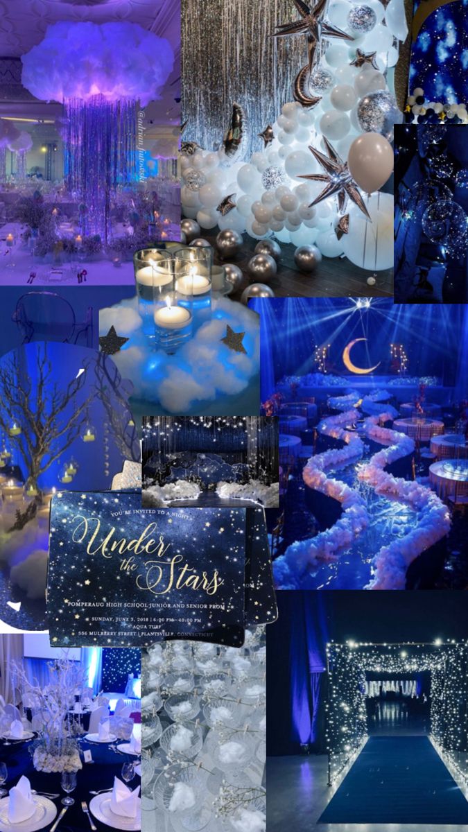 a collage of photos with blue and white decorations, lights, and snowflakes