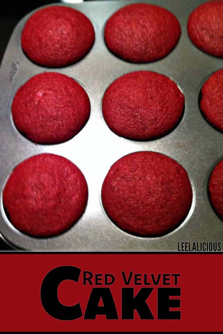 red velvet cupcakes in a metal pan with the words red velvet cake on it